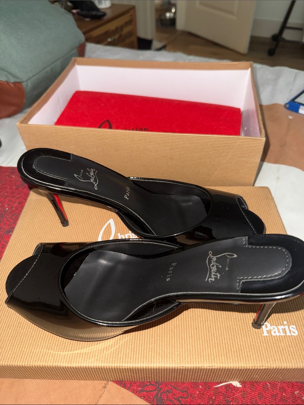 Christian Louboutin Black Patent Leather Peep-Toe Mules